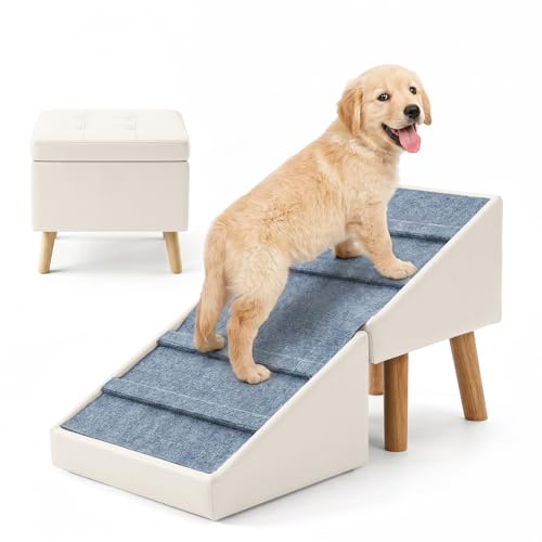 Dog Ramp for Small Dogs, 15.7" H 3-in-1 18.5" Extra Wide Foldable Ottoman & Hidden Storage Design Dog Stairs for Couch Sofa, Non-Slip Pet Steps for Puppy Senior Injured Dogs (White) - color: White