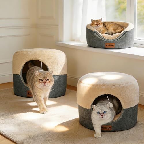 2-in-1 Foldable Cat Bed for Indoor Cats, Cat Cave & Sofa Bed | 15.7"D x 13"H, 2 Pack, Reversible Plush & Linen Cushion,Enclosed Cat Bed, Non-Slip Bottom, Small Cat Tent, Grey - color: Grey, size: S-2Pack:15.7"Lx15.7"Wx13"H
