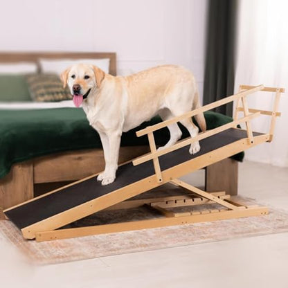 Dog Ramp for Bed with Safety Rails for High Beds up to 37" – Extra Wide 19.5" Adjustable Dog Bed Ramp for Large Dogs up to 200 lbs – Solid Birchwood, Non-Slip Rubber Surface, Foldable Design – Natural - color: Natural