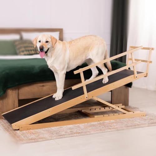 Dog Ramp for Bed with Safety Rails for High Beds up to 37" – Extra Wide 19.5" Adjustable Dog Bed Ramp for Large Dogs up to 200 lbs – Solid Birchwood, Non-Slip Rubber Surface, Foldable Design – Natural - color: Natural
