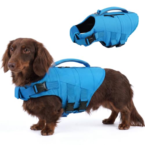 Kuoser Dog Life Jacket, High Flotation Dog Life Vest for Swimming Boating, Adjustable Small Medium Large Dogs Swim Vest with Rescue Handle and Pocket, Reflective Safety Pet Lifejacket Floats for Pool - color: Z-Blue, size: Xs (Chest Girth:12.99-18.11'')