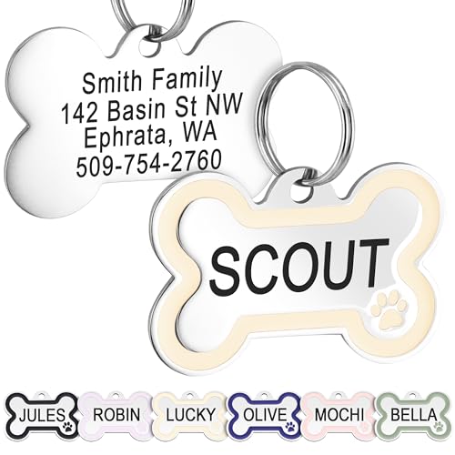 GoTags Stainless Steel Pet ID Bone Round and Heart Shaped Tags with Enamel Paw Design, Personalized Dog and Cat Tags, up to 5 Lines of Custom Text, Engraved on Both Sides (Cream, Small Bone) - color: Cream, size: Small Bone (Pack of 1)