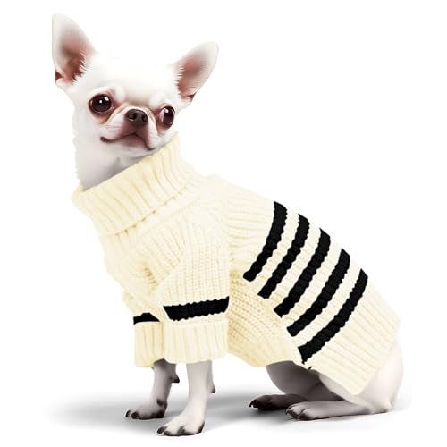 Haloumoning Small Dog Pullover Sweater, Striped Knitted Pet Sweaters for Fall Winter Dog Clothes, Turtleneck Thick Warm Clothes for Small Medium Large Dogs - color: Beige, size: X-Small