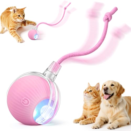 Smart Interactive Automatic Electric Rolling Moving Rechargeable Motion Activated Self Play Electronic Stimulation Chase Teaser Ball Toy with Rope for Indoor Bored Adult Cat and Dog, Pink - color: Pink