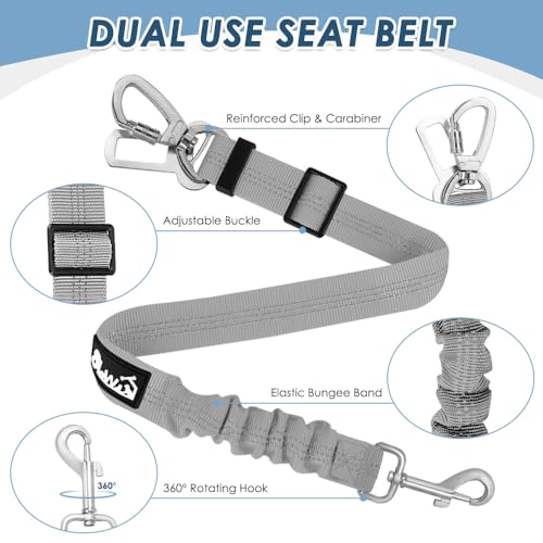 SlowTon Dog Seatbelt, 2 Pack Dog Seat Belt Car Leash Adjustable Elastic Bungee Buffer Heavy Duty Nylon Reflective Pet Safety Tether Connect to Dog Harness for Travel Riding in Vehicle (Daul Clip, GY) - color: Grey