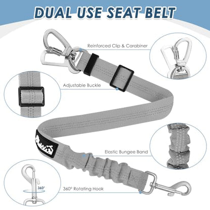 SlowTon Dog Seatbelt, 2 Pack Dog Seat Belt Car Leash Adjustable Elastic Bungee Buffer Heavy Duty Nylon Reflective Pet Safety Tether Connect to Dog Harness for Travel Riding in Vehicle (Daul Clip, GY) - color: Grey