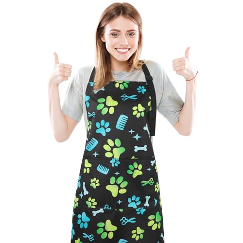 Dog Grooming Waterproof Apron with 2 Pockets, Cute Animals Puppy Dog Pets Apron - style: Gradient Green Dog Paw