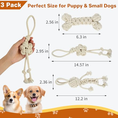 3 Pack Cotton Rope Dog Toy Set, Indestructible Chew Toys for Aggressive Chewers, Puppy Teething Toys with Bone, Human & Chinese Knot Designs for Boredom Relief & Tug of War， White - style: White suit（3 pack）