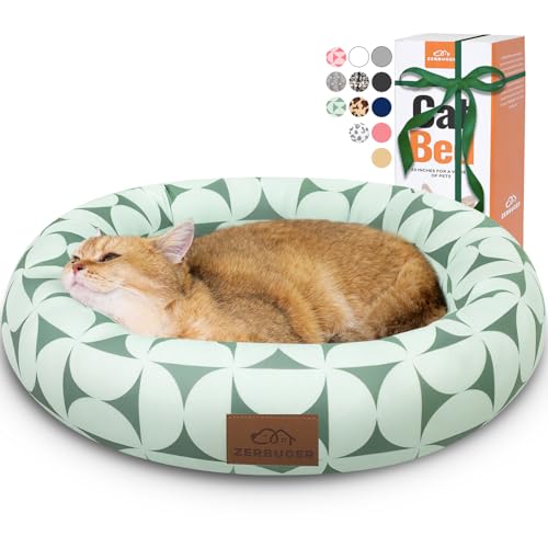 Zerbuger Cat Bed, 20In Dog Beds for Small Dogs, Calming Cat & Dog Beds for Indoor Pets, Pet Beds Comfortable Donut Round Ultra Soft (Green Pattern, 20.0" L x 20.0" W x 6.5" Th) - color: Green Pattern, size: Small