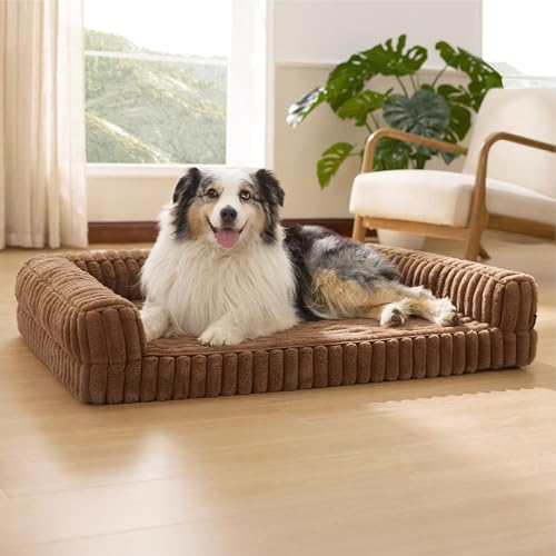 Bedsure ComfyFleece™ Orthopedic Dog Beds for Extra Large Dogs, Waterproof Memory Foam XL Pet Bed with Sides, Non-Slip and Egg-Crate Foam Big Dog Couch Sofa with Washable Corduroy Cover, Brown - color: Camel Brown, size: 42.0"l X 30.0"w X 7"th