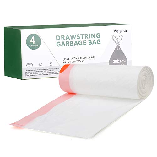 Magesh 4 Gallon Small Drawstring Trash Bags, 30 Counts, White - color: White