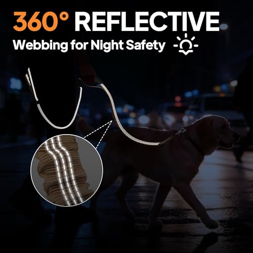 Twoear Heavy Duty Dog Leash for Large Dogs that Pull, 4-7FT Shock Absorbing Bungee Leash with Traffic Handle, Metal Frog Clip, Car Seatbelt, Reflective Tactical Leashes for Medium to Large Breeds