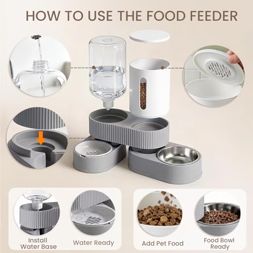 Gravity Cat Feeder 2 Pack Automatic Food Feeder and Water Dispenser Set Detachable Pet Bowl with Silicone Mat and Brush for Cats Small Medium Dogs, Large Capacity(Grey) - color: Grey-With mat/brush