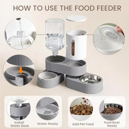 Gravity Cat Feeder 2 Pack Automatic Food Feeder and Water Dispenser Set Detachable Pet Bowl with Silicone Mat and Brush for Cats Small Medium Dogs, Large Capacity(Grey) - color: Grey-With mat/brush