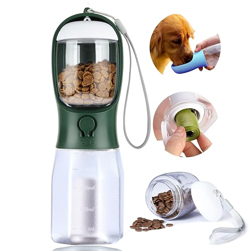 Dog Water Bottle with Food Container, Portable Pet Dog Water Dispenser for Outdoor Walking,Hiking,Travel,Puppy Essentials,Puppy Supplies,Replaceable Waste Bags - color: dark green, size: 15oz