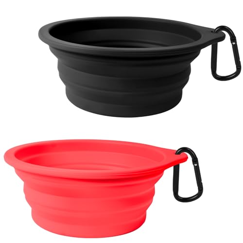 PetBonus 2-Pack Large Silicone Collapsible Dog Bowls, 34oz/1000ml BPA Free Portable Foldable Travel Bowl for Pet Cat, Food Water Feeding Dish for Camping with 2 Carabiners (Black, Red) - color: Black, Red, size: 34 Oz