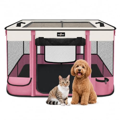 Paw Ballt Foldable Pet Kitten Playpen, Upgrade Waterproof Portable Cat Dog Playpen Kennel Tent for Small Cat Dog, Retractable Shade Cover with Free Carrying Case, Indoor Outdoor Use for Small Pet. - color: Pink 03, style: Large(35.4''×27.5''×23.6'')