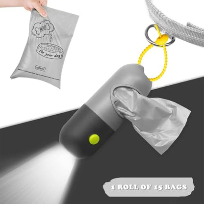 Dog Poop Bag Holder with LED Flashlight for Night Walks,Silicone Tether &Dachshund Pattern Clip for Used Bags, Hands-Free Metal Leash Carabiner, 15 Scented Waste Bags (Gray) - color: Gray