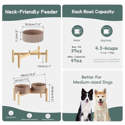Havniva 7.3inch Ceramic Raised Dog Bowl with Stand, Double Dog Bowls Elevated for Medium Breed Dog Food and Water Bowl Set Non-Slip Dog Dish Large Capacity Feeding Pet Water Bowl - color: 2 Bowls+Stand - Brown Coffee, size: 7.3inch