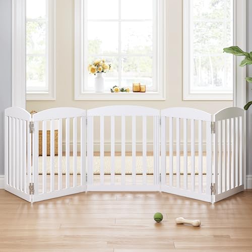 SPIRICH 120" Extra Wide 28" Tall Dog Gate Indoor, Dog Gates for Doorways, Stairs, The House, Wooden Freestanding Foldable Pet Gate, Step Over Puppy Gate, 5 Panels, White - color: Antique White, size: [5 Panels]120"W x 28"H