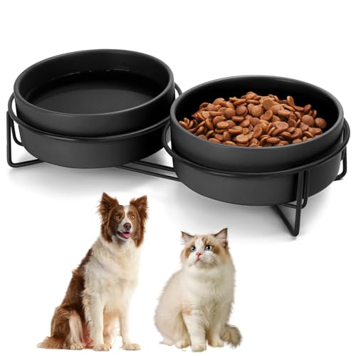 Ceramic Dog and Cat Bowl Set with Stand, 3.6 Cups Dog Food and Water Bowl Suitable for Small and Medium Pets (28.7oz Black) - color: Black, size: 28.7oz