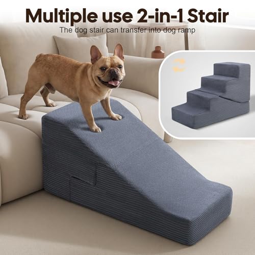 Dog Ramp for Bed Couch, 20.4" H Dog Stairs for Small Dogs | 2 in 1 Transformable 4-Step Pet Steps for Bed, Foldable Cats Ramp to Get on Bed, Non-Slip Balanced, Grey - size: 15.7 X 28.3 X 20.4 In