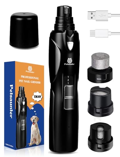 Petsaunter Dog Nail Grinder, 2-Speed and LED Light, Touch-Switch, TypeC, Quiet and Low-Vibration Dog Nail Trimmers, and 3 Ports for Large Dogs, Medium, Small Dogs Cats Pets with Hard or Thick Nail - color: Black