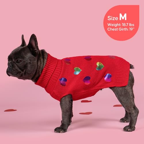 KYEESE Valentines Dog Sweater, Warm Pet Clothes with Heart Sequined Printing, Stretchy Pullover Dog Sweaters for Small Dogs, Soft Turtleneck Small Pet Sweater, Comfy Dogs Coat with Leash Hole, S - color: 2# Heart (Red), size: Small (4-7lbs)