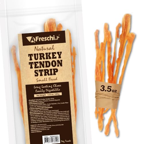 A Freschi srl Turkey Tendons for Dogs, USA-Sourced Human Grade, Rawhide-Free Long-Lasting Puppy Chews, All Natural Hypoallergenic Dog Treats for Small Breeds, 3.53 oz Pack Strips - size: 3.53 Ounce (Pack of 1)