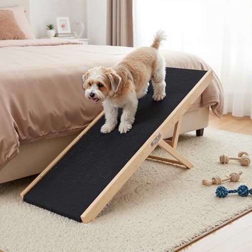 Wooden Dog Ramp for Couch High Bed, Non Slip Pet Ramps for Small Dogs and Cat with 6 Adjustable Height from 11.02'' to 25.2'', Portable 55.12'' Long Foldable Ramp for Dogs to Get on Bed Car - size: 140CM Long