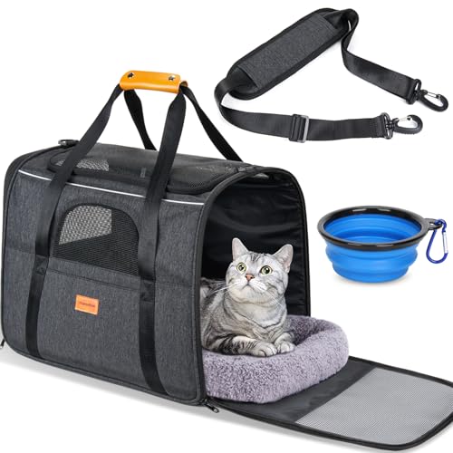 Morpilot Cat Carrier - Cat Carrier Soft for Medium or Large Cats up to 20lbs, with Dual-Sided Cushion, Secure Buckle and Foldable Bowl, Dog Carriers for Small Dogs - Pet Carrier (Dark Gray) - color: Dark Gray, size: 17.3"L x 12.2"W x 13.4"H