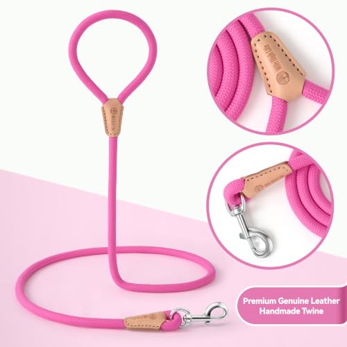 Mile High Life Dog Leash, Rope Leash with Genuine Leather Connection and Heavy Duty Metal Clasp, Great for Small Medium Large Dogs(Hot Pink,48 Inch) - color: Rope Handle-Hot Pink, size: 48 Inch-1/2"