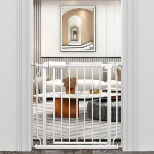 WAOWAO Baby Gate 74-85.9cm(29.2-33.8인치) 엑스트라 와이드 압력 장착 워크 스루 스윙 자동 닫힘 안전 화이트 메탈 유아 어린이 개 애완동물 강아지 계단, 출입구, 주방용 - color: 화이트., size: 29.13-33.86"/74-86cm