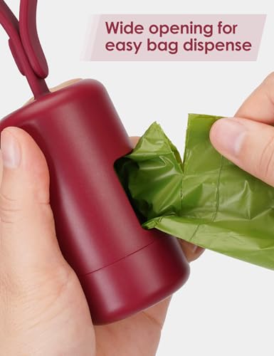 Gobeigo Dog Poop Bag Holder【Convenient Hook for Used Bags】【Silicone Strap Fits Any Leash】【Large Opening for Easy Dispensing】with 1 Roll Waste Bags (Red) - color: Red