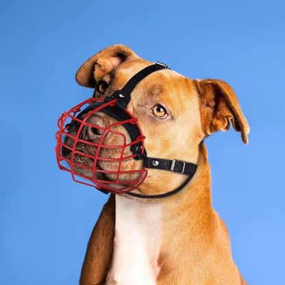 Pitbull Dog Muzzle Metal Mask Amstaff Secure Wire Basket Adjustable Durable Leather Straps for Large Dogs (Red) - color: Red