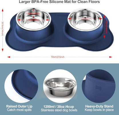 AsFrost Dog Food Bowls Stainless Steel Dog Bowls, Food Water Bowl Set with No Spill Non-Skid Silicone Mat, Dog Dish Double Pet Feeder Bowls for Small Medium Sized Large Dogs Cats Puppy, Blue - color: BLUE, size: 4¾ Cup/38 oz each