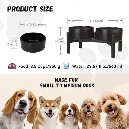 Raised Ceramic Dog Bowl Set - Elevated Double Dishes with Stainless Steel Stand - Food and Water Bowls for Small to Medium Dogs - Each Holds 3.5 Cups (29.57 fl oz) - Black - color: Black, size: 2 Bowls - 3.5 Cups Each