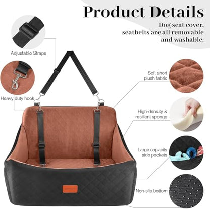Wooaidagg Dog Car Seat for Medium & Large Dogs Up to 55lbs, Memory Foam Cushion, Washable Cover, Safety Straps & Non-Slip Bottom(Black/Brown,Large) - color: Black/Brown