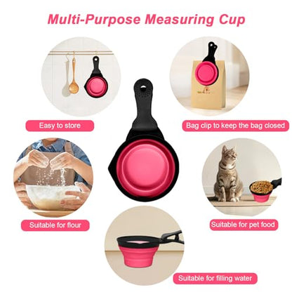 Collapsible Dog Food Scoop Foldable Pet Food Bag Clip 3 in 1 Multi-function Silicone Cat Food Measuring Cup Scoop Dog Food Scooper Pet Food Storage Clip (Rose Red, 2 Cup Capacity(1 Pack)) - color: Rose Red, size: 2 Cup Capacity(1 Pack)
