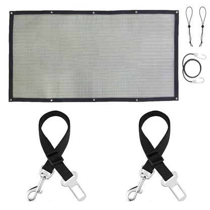 SunGrow Dog Seat Belts with Barrier, 2 Adjustable 28" Nylon Belts, 24" x 45" Micro Mesh Net Divider for Cars, SUVs, and Trucks, 4 Hooks and Luggage Ropes for Assembly, Black, 1 Set per Pack - color: 2 Black Belts+1 Barrier