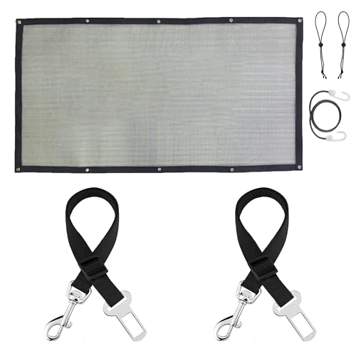 SunGrow Dog Seat Belts with Barrier, 2 Adjustable 28" Nylon Belts, 24" x 45" Micro Mesh Net Divider for Cars, SUVs, and Trucks, 4 Hooks and Luggage Ropes for Assembly, Black, 1 Set per Pack - color: 2 Black Belts+1 Barrier