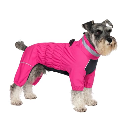 Winter Waterproof Dog Snowsuit – Full Body Outdoor Jacket with Leash Ring, Fleece Lining, Windproof Reflective 4-Leg Dog Coat for Small to Large Dogs Hot Pink L - color: Hot Pink, size: L (Back Length 15.5")