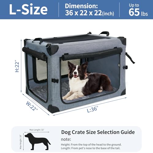 NEZUC Soft Collapsible Dog Crate - 36 Inch Portable Soft Sided Travel Dog Crates for Large Dogs, 4-Door Foldable Dog Carrier, Pet Kennel Indoor & Outdoor (Gray, 36.0" L x 22.0" W x 22.0" H) - size: 36.0"L x 22.0"W x 22.0"H