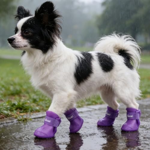 Dog Shoes, Waterproof Non-Slip Dog Boots with Adjustable Straps, Durable Paw Protectors (Purple, M)