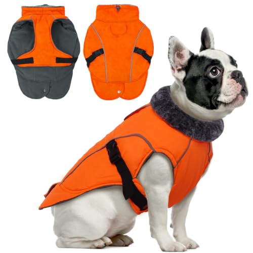 DENTRUN Warm Dog Winter Coat, Easy On Reflective Turtleneck Fleece Jacket | Adjustable buckle, easy on off, windproof & water-repellent, thick fleece snowsuit, outfit fits small to large breeds - color: Orange, size: Small
