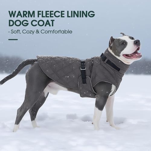 Kuoser Dog Coat Warm Fleece Lining Turtleneck Dog Jacket with Harness Built-in, Windproof Cold Weather Coats with Quick Release Buckle Pet Winter Snowsuit for Extra Large Dogs Great Dane, Grey 3XL - color: Grey, size: Xxx-large (Chest Girth: 42.5")