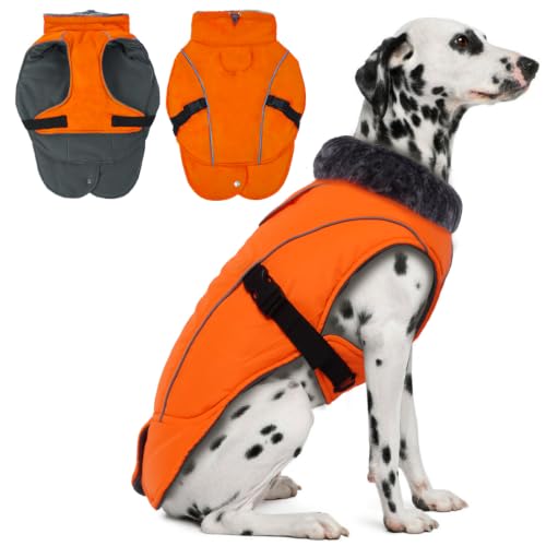 DENTRUN Warm Dog Winter Coat, Easy On Reflective Turtleneck Fleece Jacket | Adjustable buckle, easy on off, windproof & water-repellent, thick fleece snowsuit, outfit fits small to large breeds - color: Orange, size: Large