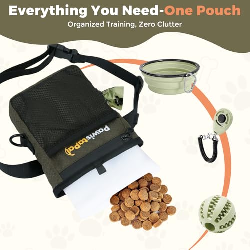 Dog Treat Pouch for Pet Training, One-Hand Magnetic Closure, Hands-Free Treat Bag with Silicone Liner, No Mess No Smell - color: Military green