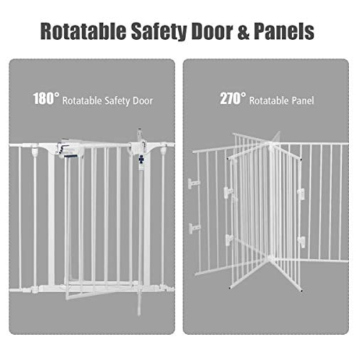 Costzon Baby Safety Gate, 121 Inch Length 5 Panel Adjustable Wide Fireplace Fence, BBQ Metal Fire Screen Gate, Pet Isolation Fence with Walk-Through Door, Freestanding Pets Gate - color: White, size: 5-Panel