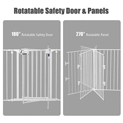Costzon Baby Safety Gate, 121 Inch Length 5 Panel Adjustable Wide Fireplace Fence, BBQ Metal Fire Screen Gate, Pet Isolation Fence with Walk-Through Door, Freestanding Pets Gate - color: White, size: 5-Panel